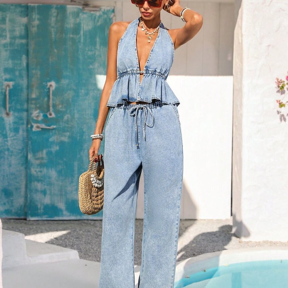 Light Wash Casual Women's Two-Piece Set - Picture 3 of 6